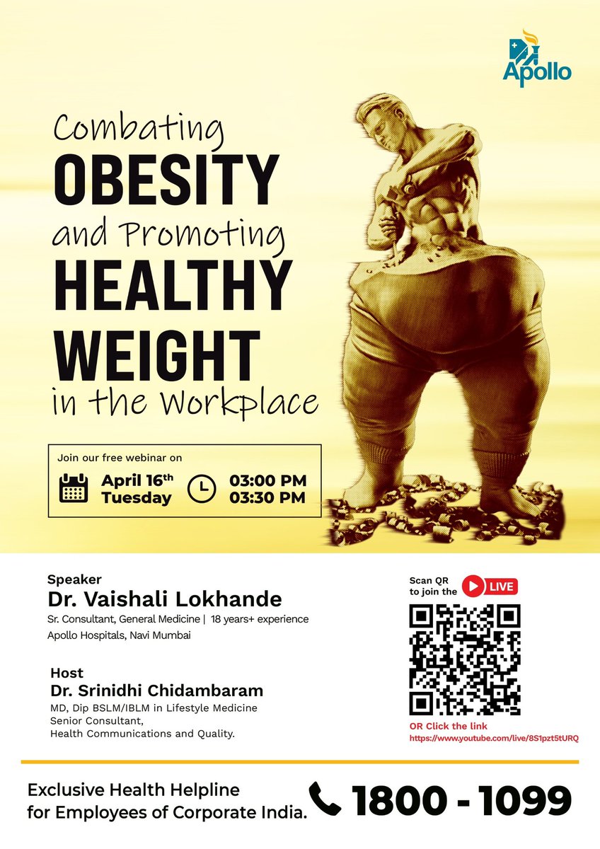 Find your balance between the desk and your health! Don't miss our webinar on Combating Obesity and Promoting Healthy Weight in the workplace. Dr. Vaishali Lokhande will guide you to wellness on April 16th, 3 PM. 📺 Watch live: bit.ly/3xDHuqQ 📞 Call our National…