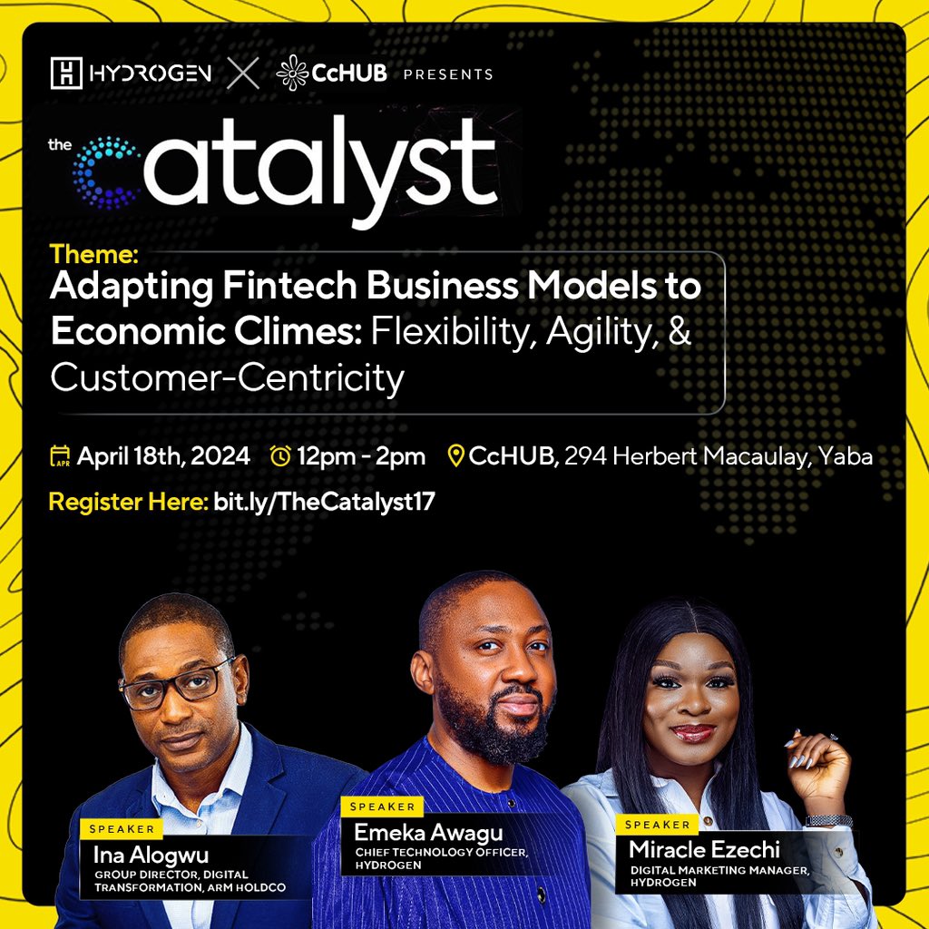 Curious about how FINTECH companies thrive despite economic challenges? Look no further! We’re thrilled to present theCatalyst event in partnership with @cchubafrica

Topic: Adapting Fintech Business Models to Economic Climes

Register with this link bit.ly/TheCatalyst17