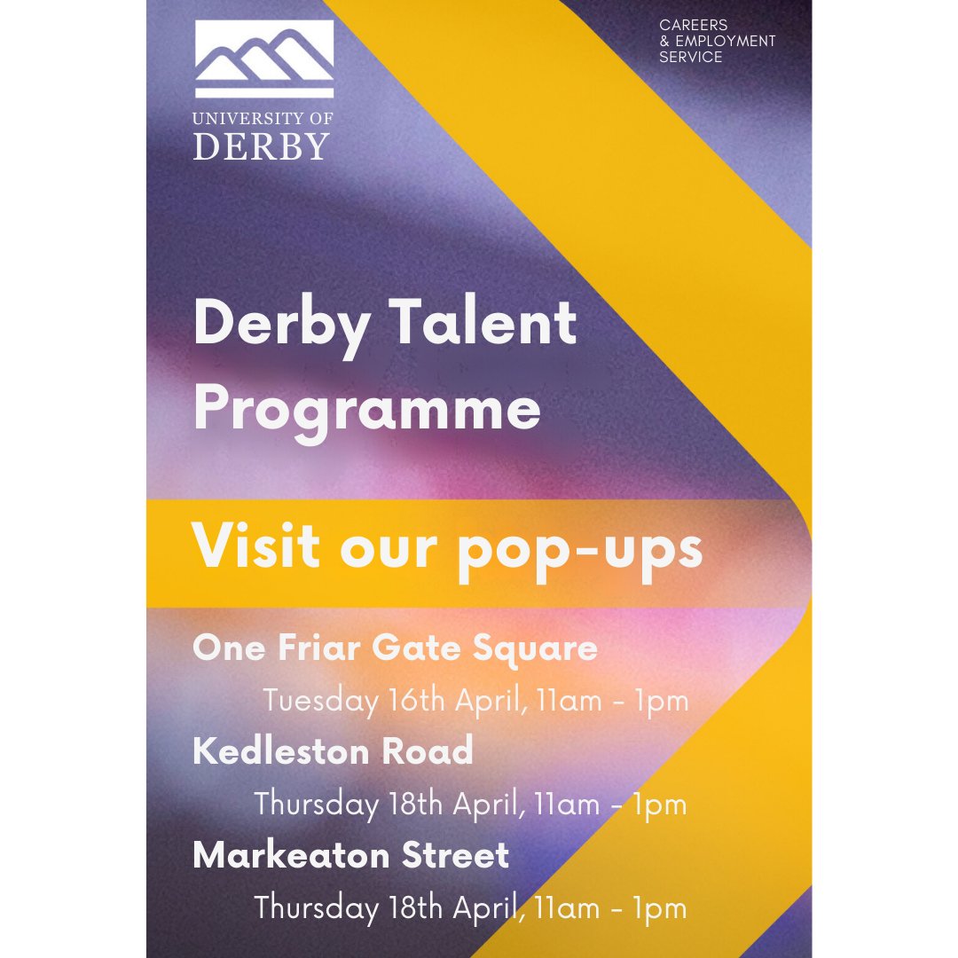 If you are looking for paid work, the #DerbyTalentProgramme are hiring! 💼

Visit the pop-up stands on campus this week to find out more about the summer internships available. 😀

Book your place 👉 ow.ly/K3NZ50ReXG6.

@derbyunicareers #DerbyUniCareers