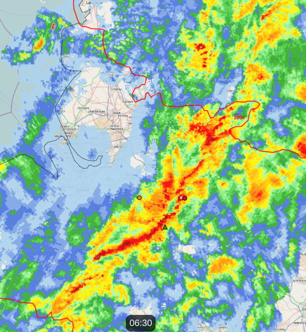 jofwx's tweet photo. @BBCRadioStoke Band of heavy, thundery rain showing at 0630 on the @Netweather Radar. (green triangle #Knutton, dots = lightning strikes) https://t.co/whC0hGTU2U