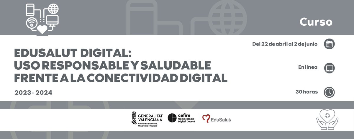 🔊✍️ÚLTIMOS DÍAS en confirmación del curso "EDUSALUT DIGITAL. Uso responsable y saludable frente a la conectividad digital del alumnado"   

📆 Del 22 de abril al 9 de junio    
💻En línea   
⏰34 horas   
👩‍🦱👨‍🦱90 participantes   
   
➕ℹ️👇
🔗cefire.edu.gva.es/sfp/index.php?…