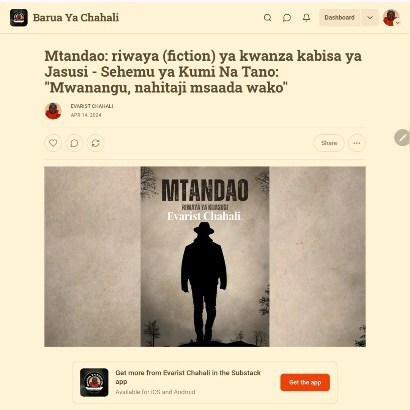 Chahali's tweet photo. Riwaya ya kijasusi ya #MTANDAO -๐ Wiki hii ni sehemu ya Kumi na Tano: "Mwanangu Nahitaji Msaada Wako"ย
Sehemu ya Kwanza: "Ujumbe kutoka Ikulu".ย
Sehemu ya Pili: "Maongezi na Mtoa Habari."ย
Sehemu ya Tatu: "Kinyonga Mlay."ย
Sehemu ya Nne: "Simu ya Baโฆ https://t.co/o9efaXKDGt https://t.co/APVjXwmrjQ