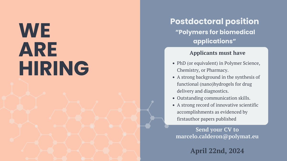 ❗WE ARE HIRING❗ A postdoc position is available in @Calderon_Lab at. Conduct research, perform thorough characterization of hydrogels for biomedical applications, write papers, reports and proposals, establish interdisciplinary collab. More info: polymat.eu/uploads/openpo…