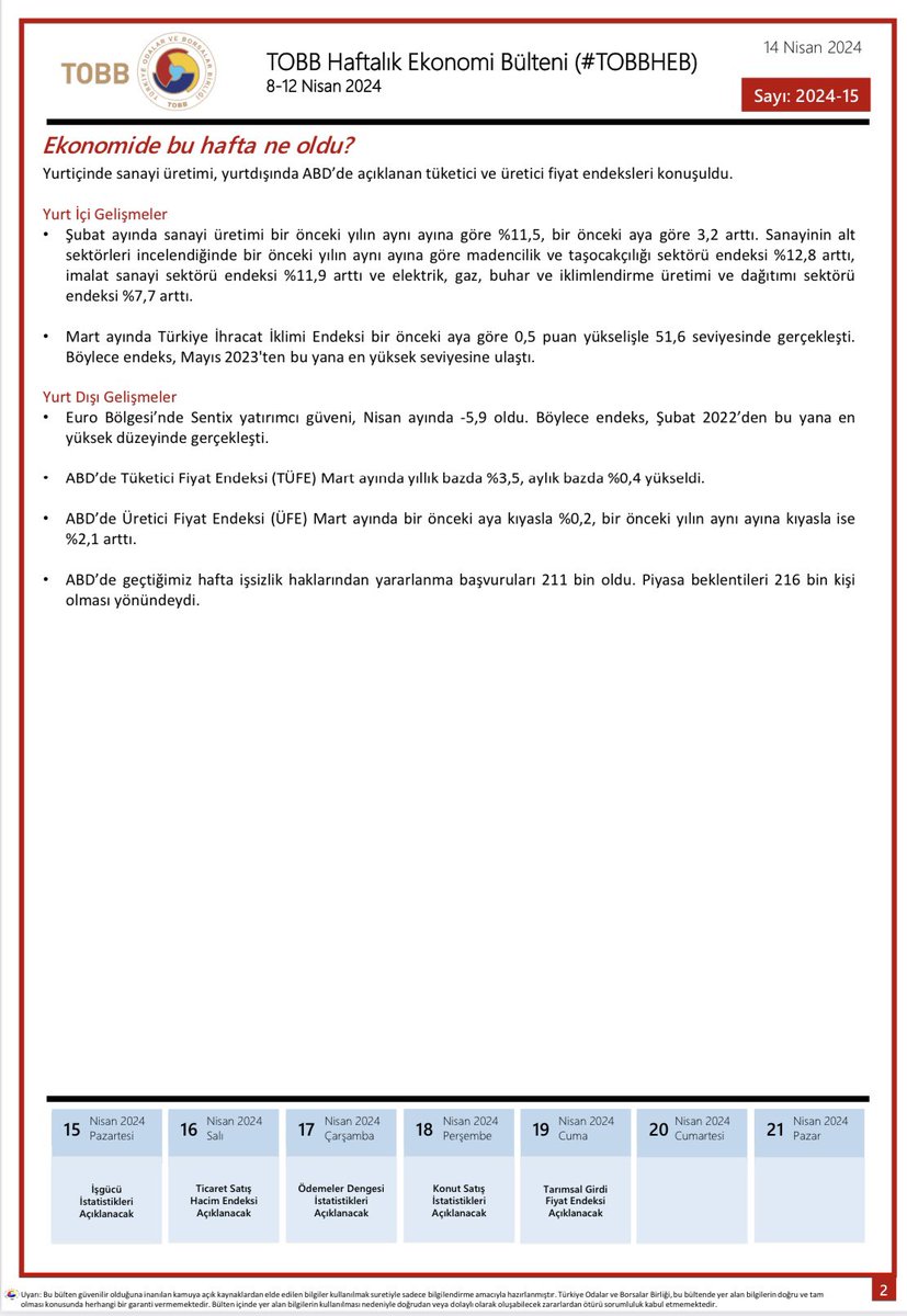 ◼️ 8 - 12 Nisan haftasında ekonomide yaşanan gelişmelerin derlendiği TOBB Haftalık Ekonomi Bülteni yayımlandı.  #TOBBHEB @TOBBiletisim