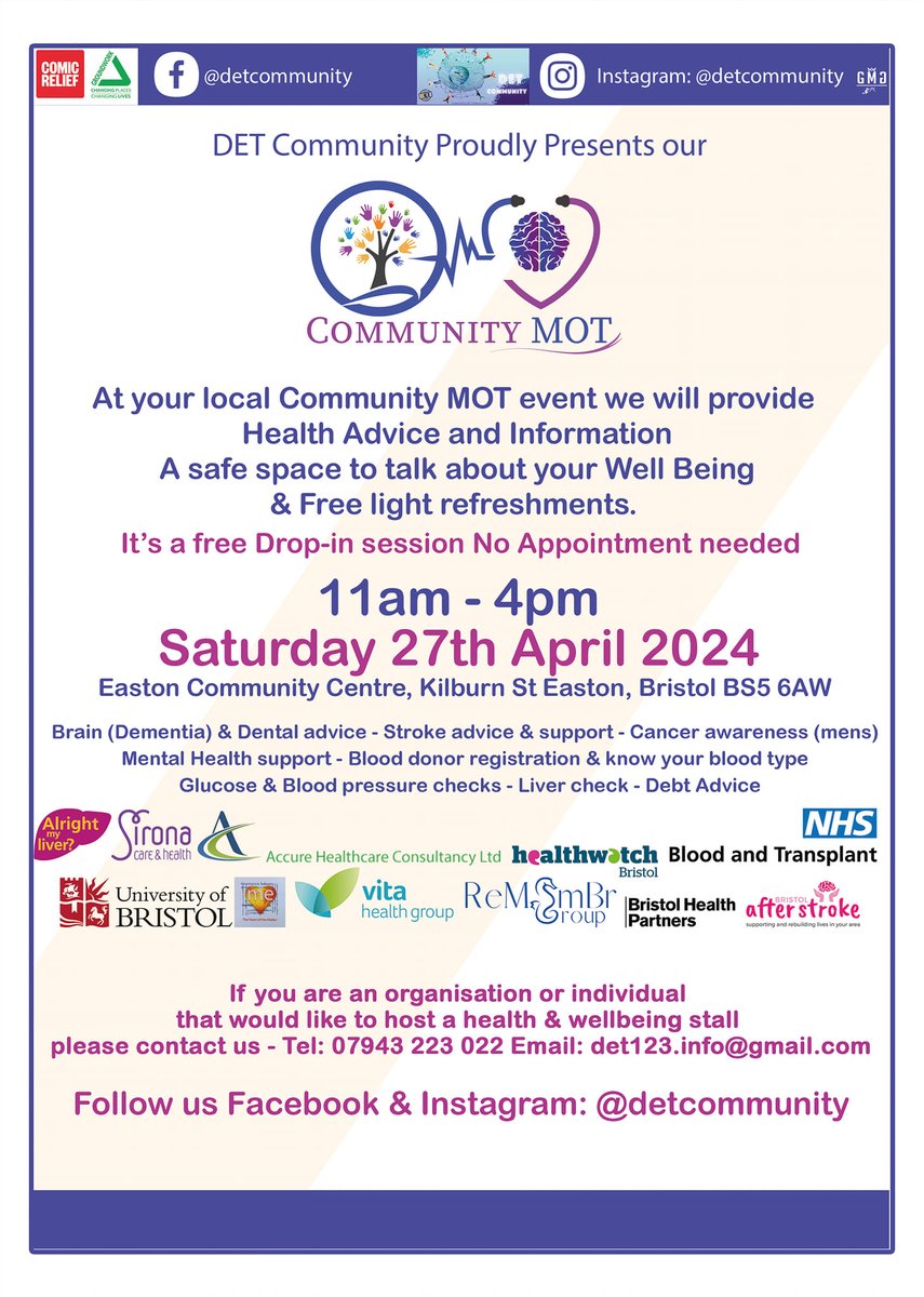 Looking forward to being part of this @DETEntertainme1 health MOT event on Saturday 27th April. 🕚 Drop in, 11am - 4pm 📍 Easton Community Centre, Bristol BS5 6AW Get free health checks, health advice and information about cancer, mental health, blood donation - and more.