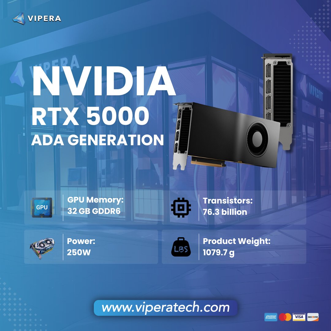 Viperallc's tweet image. Introducing the NVIDIA RTX 5000 Ada Generation, the ultimate GPU for professional workflows. It delivers breakthrough performance for rendering, AI, graphics, and compute workloads.

GET NOW: viperatech.com/product/nvidia…

#NVIDIARTX5000 #AdaGeneration #Workflows