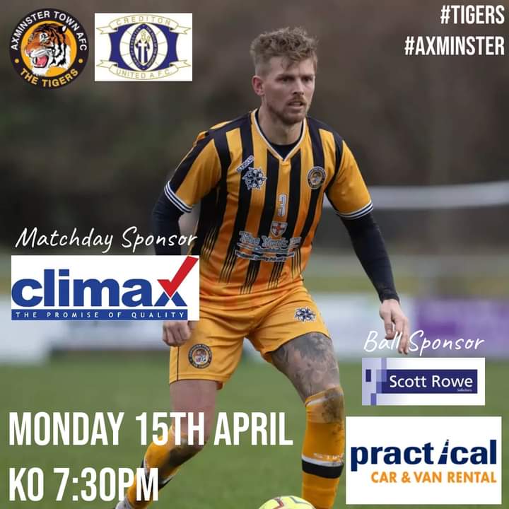 ⚽️Matchday!⚽️ We welcome @CreddyAFC to Tiger Way this evening. Thank you to match sponsor Climax Windows and ball sponsor Scott Rowe Solicitors. Come down to Tiger Way to cheer on the Tigers! #Tigers 🐅#Axminster 🧡#COYTigers ⚽️ @swpleague @swsportsnews
