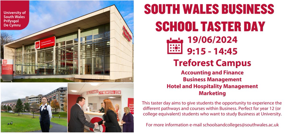 We are launching the second edition of our South Wales Business School taster day. Perfect for students who want to learn more about the different options within Business before applying to university. Book here: tinyurl.com/bdesxenz