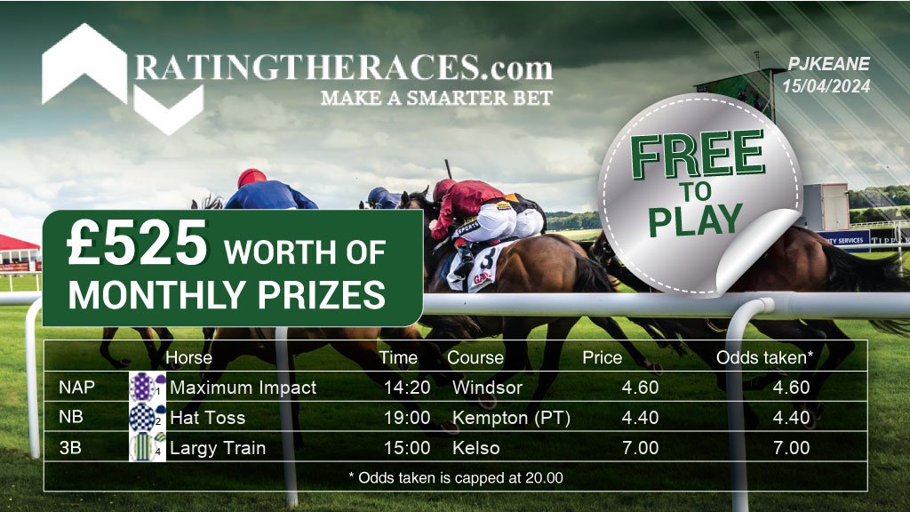 My #RTRNaps are:

Maximum Impact @ 14:20
Hat Toss @ 19:00
Largy Train @ 15:00

Sponsored by @RatingTheRaces - Enter for FREE here: bit.ly/NapCompFreeEnt…