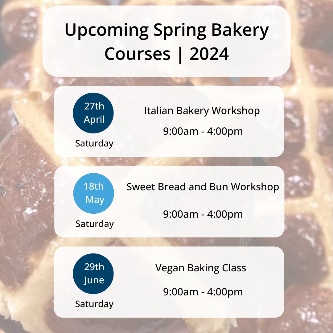 Here are our upcoming bakery workshops! Saturday 27th April 9am - 4pm: Italian Bakery Workshop eu1.hubs.ly/H08zdt30 Saturday 18th May 9am - 4pm: Sweet Bread and Bun Workshop eu1.hubs.ly/H08zb-W0 Saturday 29th June 9am - 4pm: Vegan Baking Class eu1.hubs.ly/H08zdt40