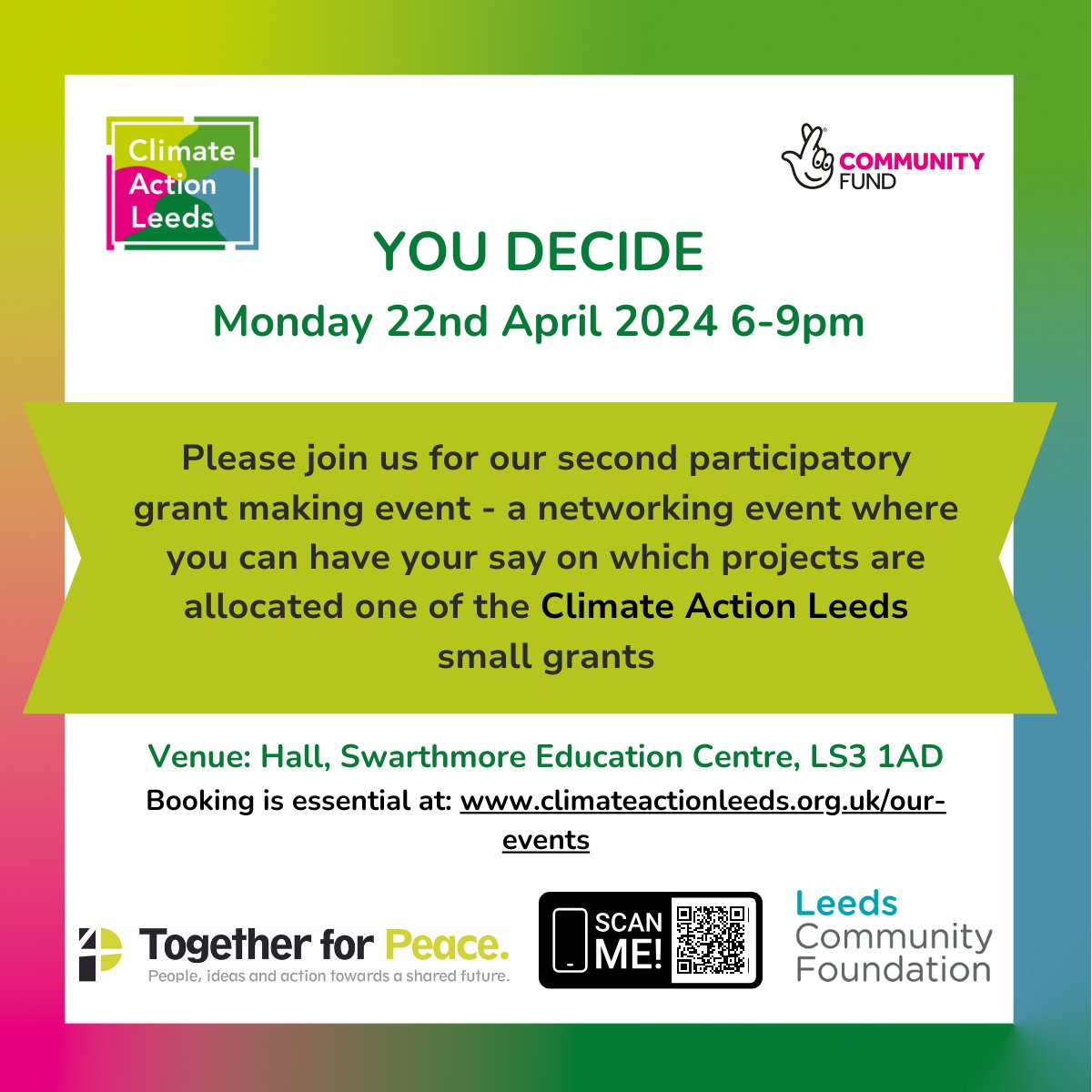 You Decide! Come along to our participatory grant making event on Monday 22nd April 6-9pm at Swarthmore Education Centre. for more info and to book go to: climateactionleeds.org.uk/our-events