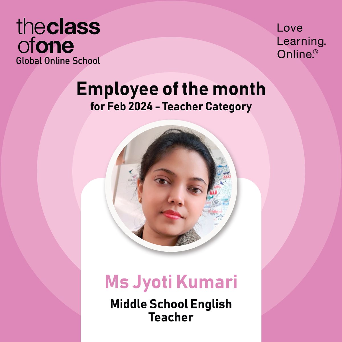 Congratulations to Ms. Jyoti Kumari! Her unwavering dedication and innovative teaching methods in Middle School English have ignited a love for language and literature among students, inspiring them to reach for new heights.

#EmployeeOfTheMonth #OnlineSchool #Eschool