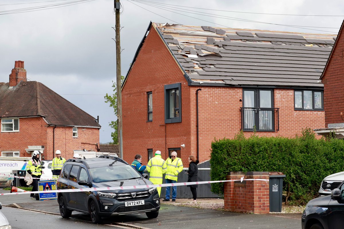 Mini cyclone causes damage to properties in Knutton, Staffs. The freak weather fetched roof tiles off and overturned caravans and garden sheds