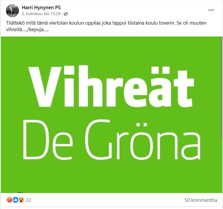 Perussuomalainen Harri Hynynen Iisalmen perussuomalaiset Ry tietää mikä oli 12 vuotiaan kouluampujan poliittinen kanta ja hän jakaa tätä 'totuutta' sosiaalisessa mediassa. Jakakaa jospa saataisiin Harrilta kommenttia miksi maalittaa lapsia, kommenttia @persut @harrihynynen2