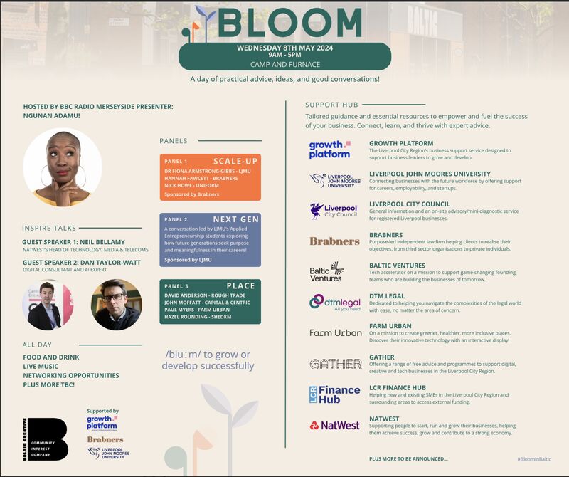 We are excited to announce that the @LCRFinanceHub team will be exhibiting at Bloom on Wednesday 8th May! Hosted by @balticcreative at Camp and Furnace this event is all about creative thinking, scaling businesses, and culture-led regeneration Links to tickets in comments⬇️