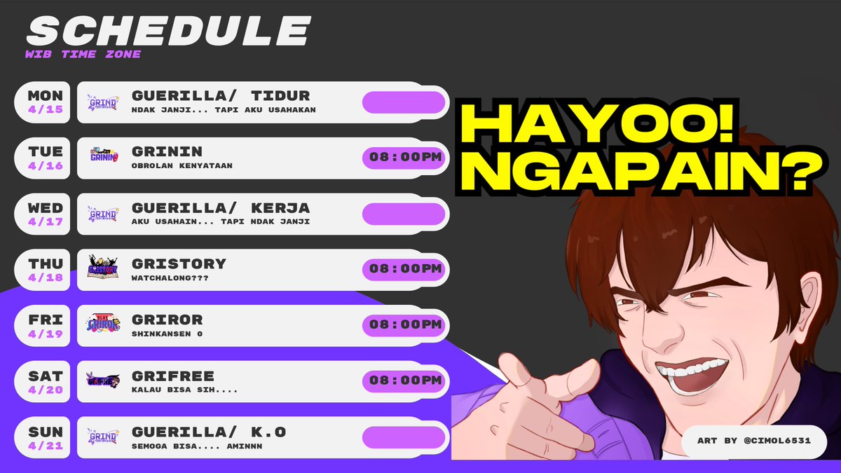 Kukohen13's tweet photo. Stream Schedule for 15 - 21 APRIL 2024
Hashtags:
#GriMF13 - General
#Grind_Misfortune - Stream Talk
#GriMFART - Fan Art
Warning there is a possibility of schedule changes
Peringatan ada kemungkinan jadwal berubah
#GriMF13 #Vtuber #VtuberID #vtuberindonesia https://t.co/b77iTvHAjL