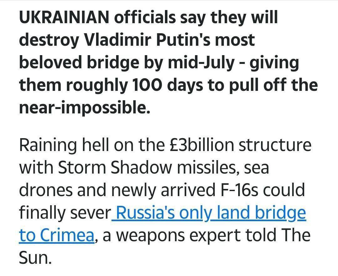 EurekaNews10's tweet image. 🇷🇺🇺🇦🇬🇧 Artículo de "The Sun" sobre cómo en los próximos 100 días las Fuerzas Armadas de Ucrania destruirán el puente de Kerch y retomarán Crimea🤨

Es un poco extraño que una operación militar tan importante se hable en un tabloide.🤫🙄