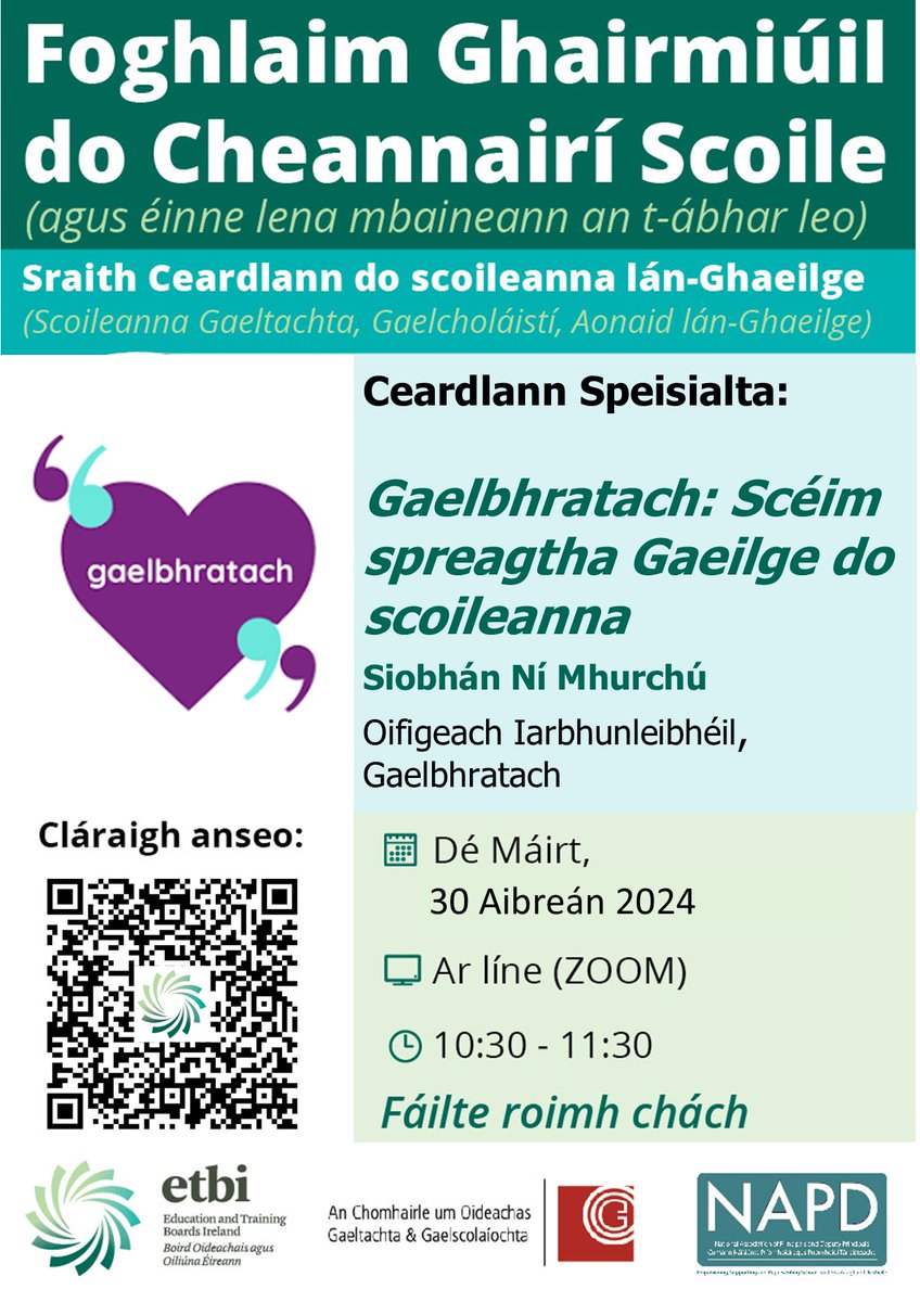 FÓGRA SPEISIALTA Beidh ceardlann speisialta sa tsraith Foghlaim Ghairmiúil do Cheannairí Scoile á reáchtáil againn le @Gaelbhratach10 ar an 30 Aibreán ag 10:30 Fáilte roimh chách Cláraigh anseo shorturl.at/kOZ12 @CoggOid @NAPD_IE @Oide_Leadership #Gaeilge #Spraoi