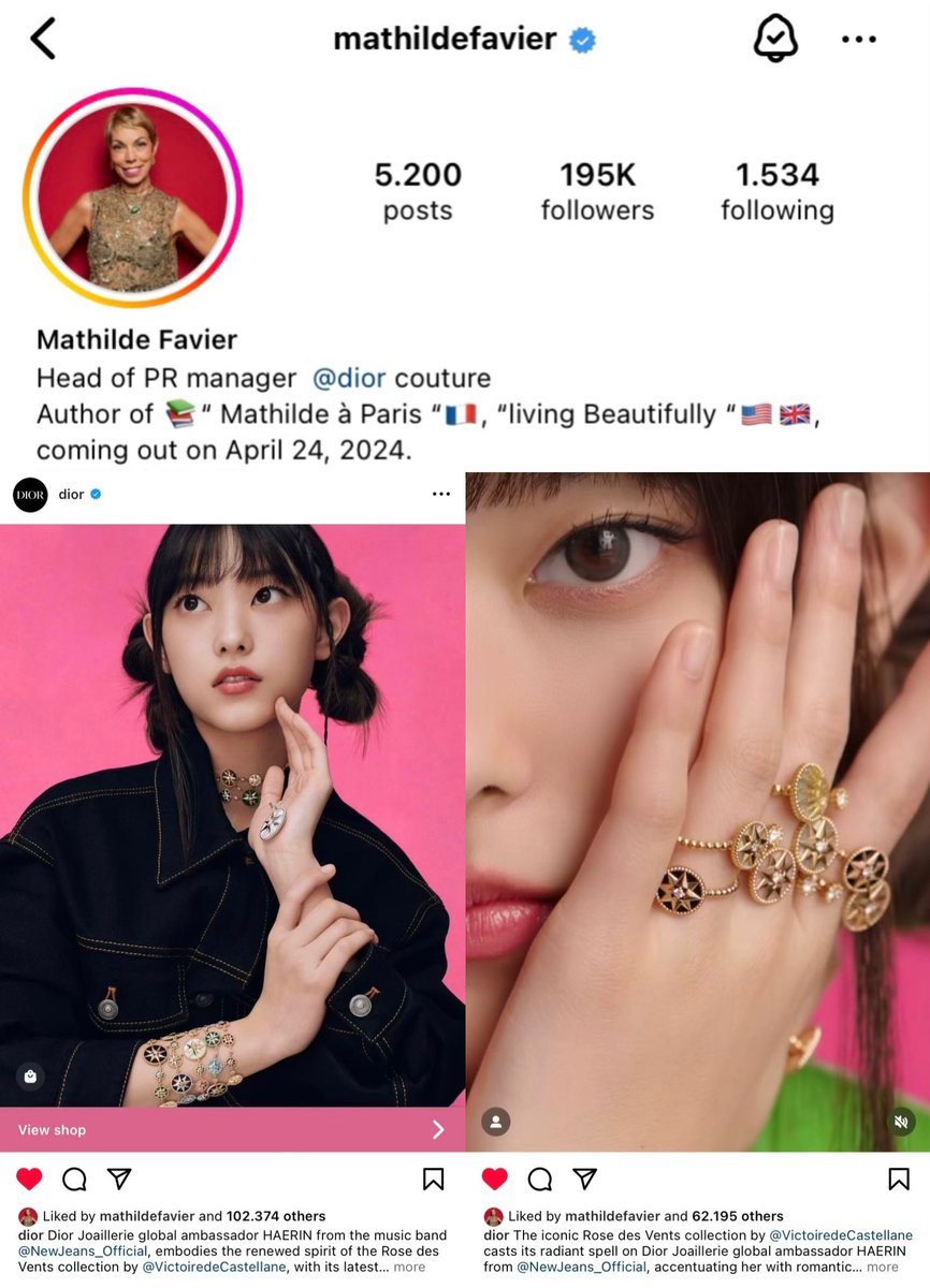 ⭐️ | Malthide Favier - @Dior's PR Manager, liked two posts of Haerin promoting the fine jewelry collection ‘Roses des Vent’ on Dior's Instagram.

#HAERIN #HAERINxDIOR #NewJeans