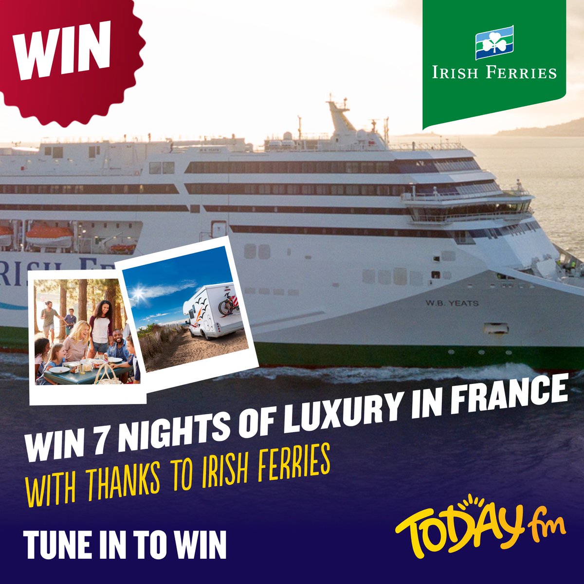 🙌 HOLIDAY GIVEAWAY 🙌   Win a family holiday to France with thanks to @Irish_Ferries 🇫🇷   Tune in to The Ian Dempsey Breakfast show every day this week for your chance to win:   ⛴ Return trip on the stylish W.B Yeats ⛺️ 7 nights in a 5⭐️ French campsite