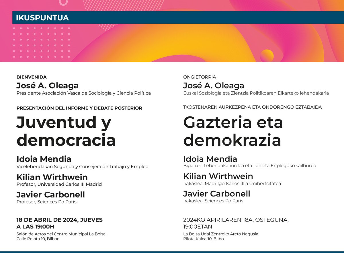 Este jueves 18 de abril @14_kilian y yo estaremos en Bilbao para hablar de JÓVENES, DEMOCRACIA Y TRABAJO. Contaremos con la Vicelehendakari @IdoiaMendia y con José A. Oleaga. En @BegiruneF a las 19:00 h