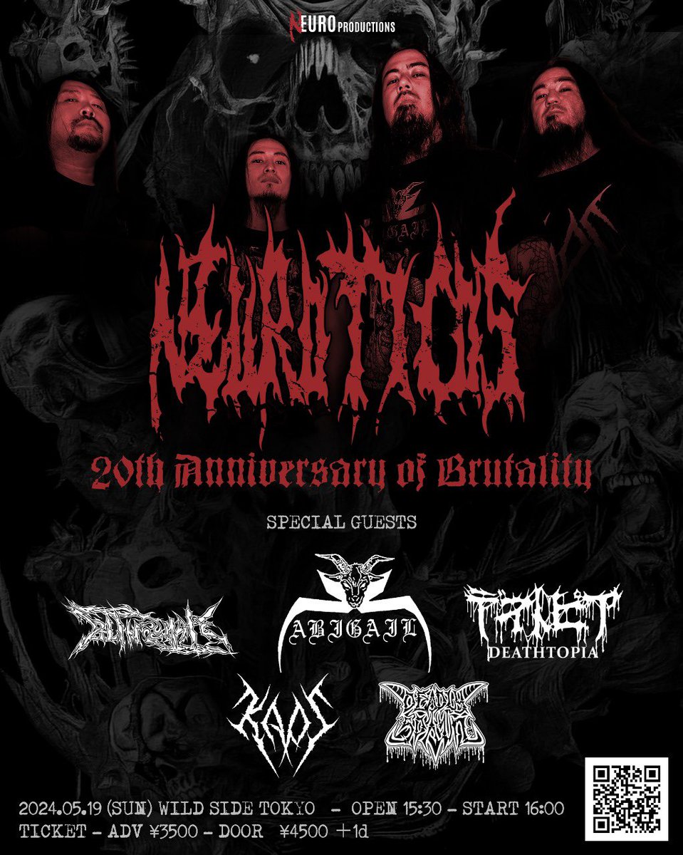 NeuroticosBand's tweet photo. NEUROTICOS 20周年記念GIG

2024.05.19 (SUN) @WildSideTokyo 

OPEN 15:30 - START 16:00

TICKET - ADV ¥3500 - DOOR ¥4500 ＋1d

NEUROTICOS + ゲスト
ABIGAIL
BLIND HATE
DEADLY SPAWN
DEATHTOPIA 
KAOS 

チケットはお早めに！
https://t.co/SRCpPJRZSd https://t.co/y8VteZZWZl
