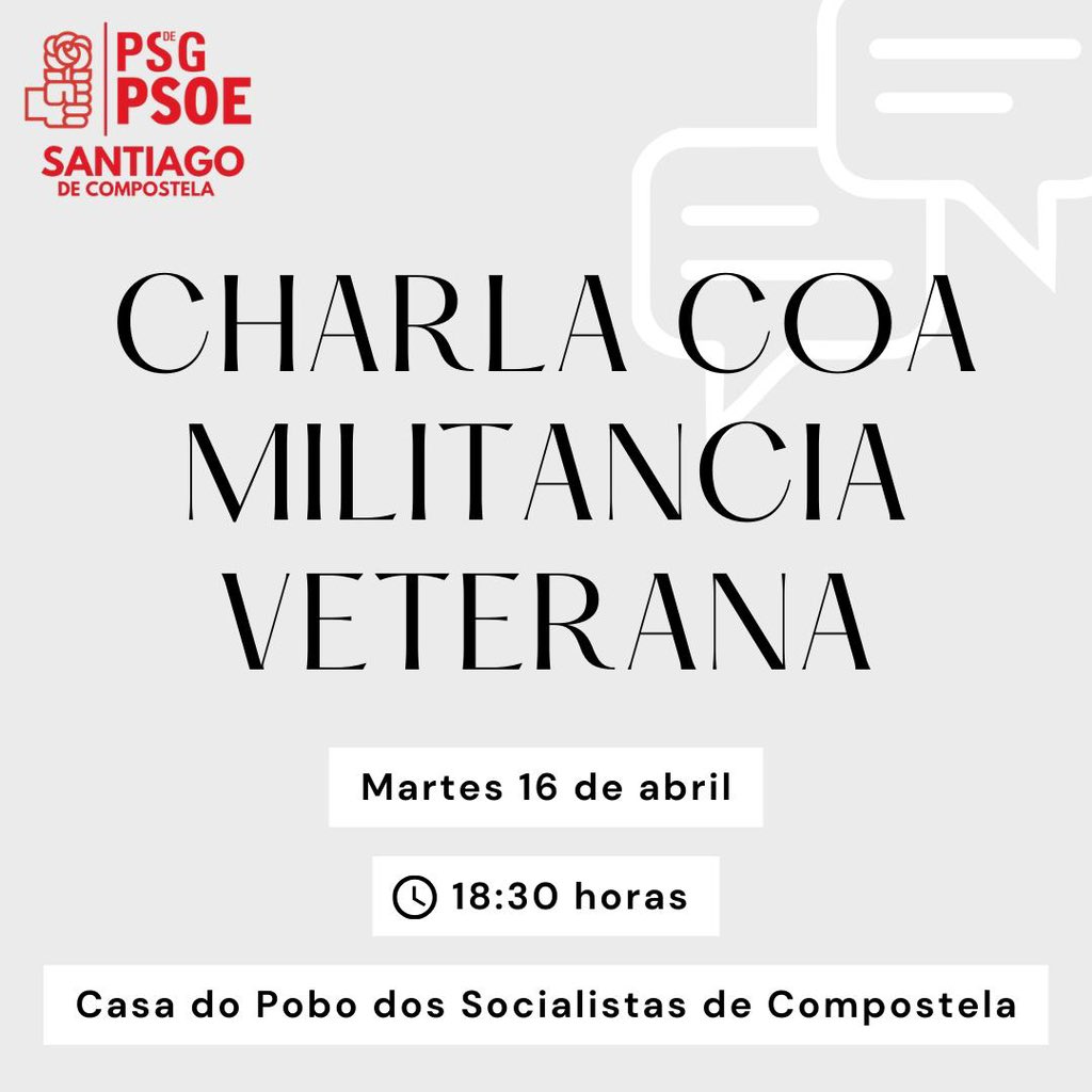 psdegsantiago's tweet photo. 🌹 Charla coa militancia veterana

Mañá temos un encontro para escoitar e compartir experiencias coas persoas que impulsaron o partido na nosa cidade 

🗓️Martes 16 de abril
🕡 18:30h
📍 Casa do Pobo dos Socialistas de Compostela https://t.co/qEd6t1hmAL