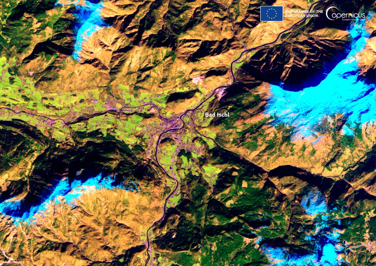 #DYK that every year, the 🇪🇺 designates 3⃣ cities as a #EuropeanCapitalOfCulture❓ This year, Bad Ischl, #Austria 🇦🇹 is one of them! Located in the centre of the Salzkammergut region, it is famous for its spas & wellness facilities ⬇️#Sentinel2🛰️ image from 20 March