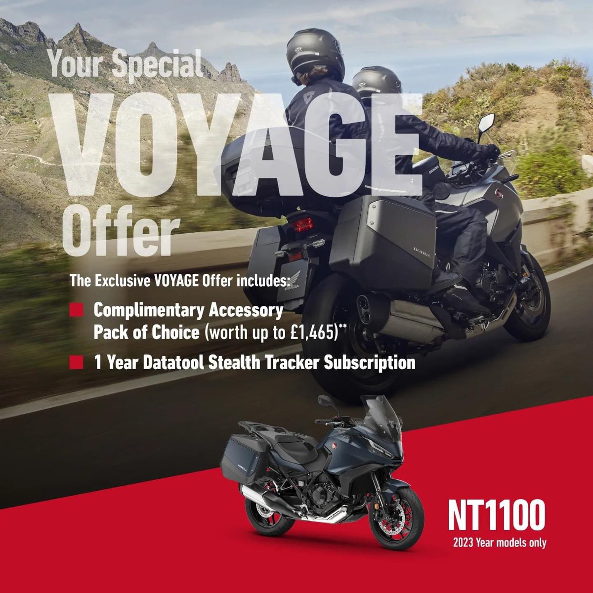 There’s never been a better time to bag yourself a bargain. We’re now offering a genuine Honda Voyage accessories pack completely FREE on new #Honda #NT1100s, but only while current stocks last. Call us FREE on 📞 0800 975 2669 today #WeAreBikers