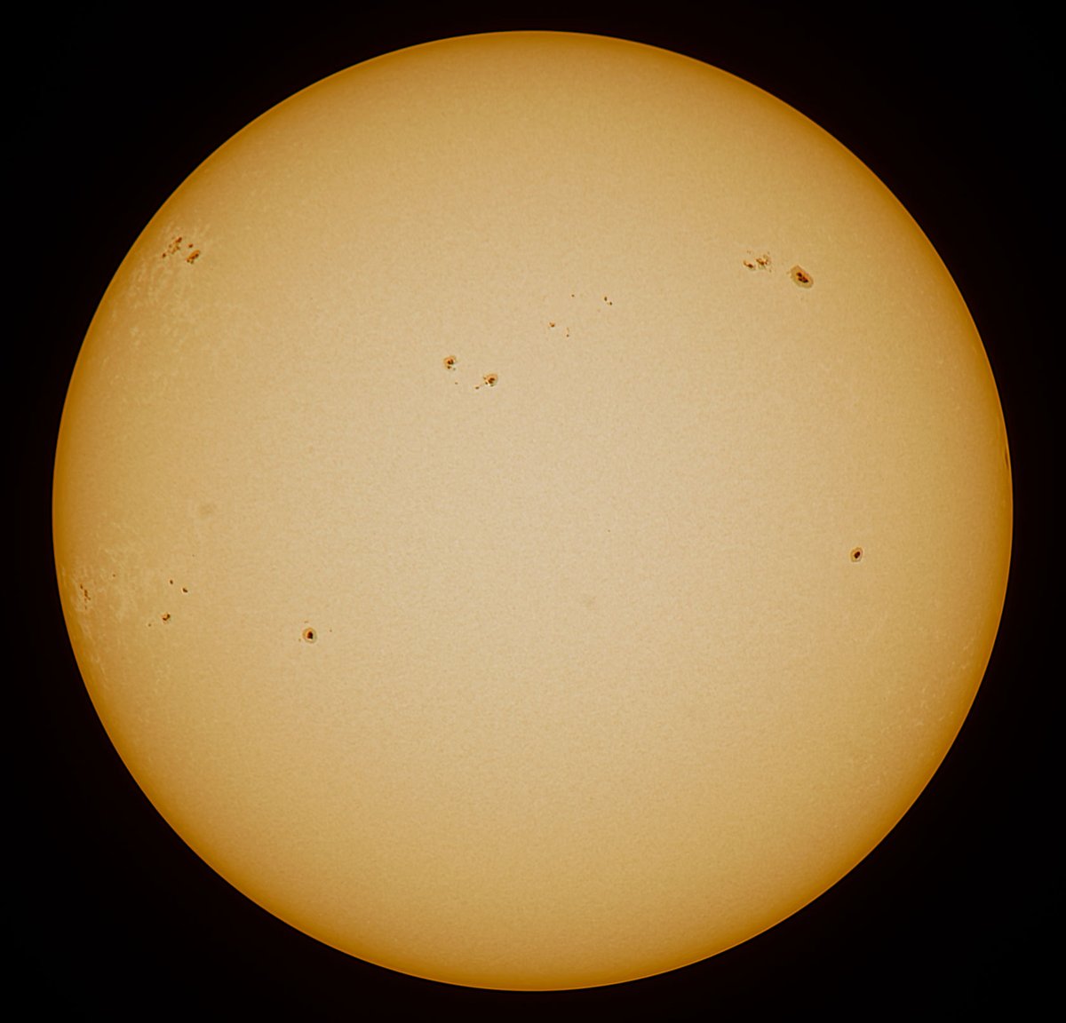 Sun today 15/04/2024. White light safety filter to show the Photosphere. Grab between clouds on a very wind day. 10 active regions visible with AR3639 top left looking active. #sun #sunhour #solar #sunspots #stormhour #ThePhotoHour