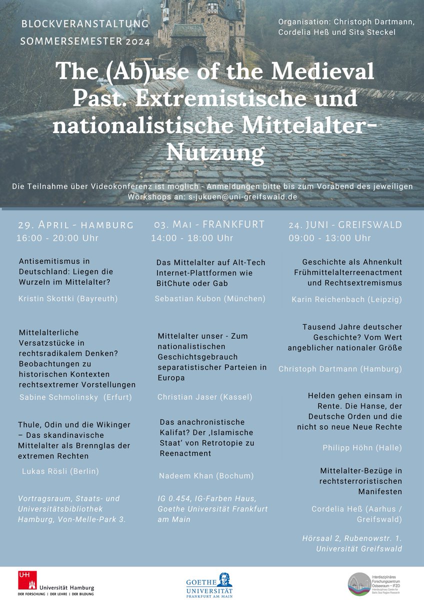 This semester the #Blockveranstaltung 'The (Ab)use of the Medieval Past. Extremistische und nationalistische Mittelalter-Nutzung' will take place on April 29 in #Hamburg, May 3 in #Frankfurt and June in #Greifswald. The event will be held in german!