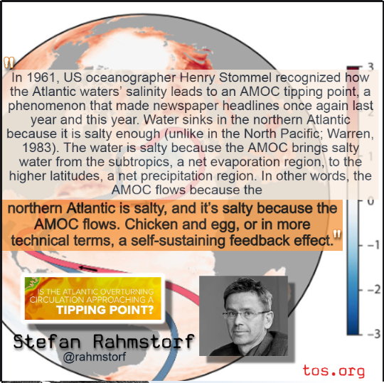 CodeRedEarth's tweet image. I thought I&apos;d highlight a section from this report each day @rahmstorf 
The AMOC brings salty waters from the subtropics , a net evaporation region.  The AMOC flows because the northern Atlantic is salty, and it is salty because the AMOC flows..
#Climate