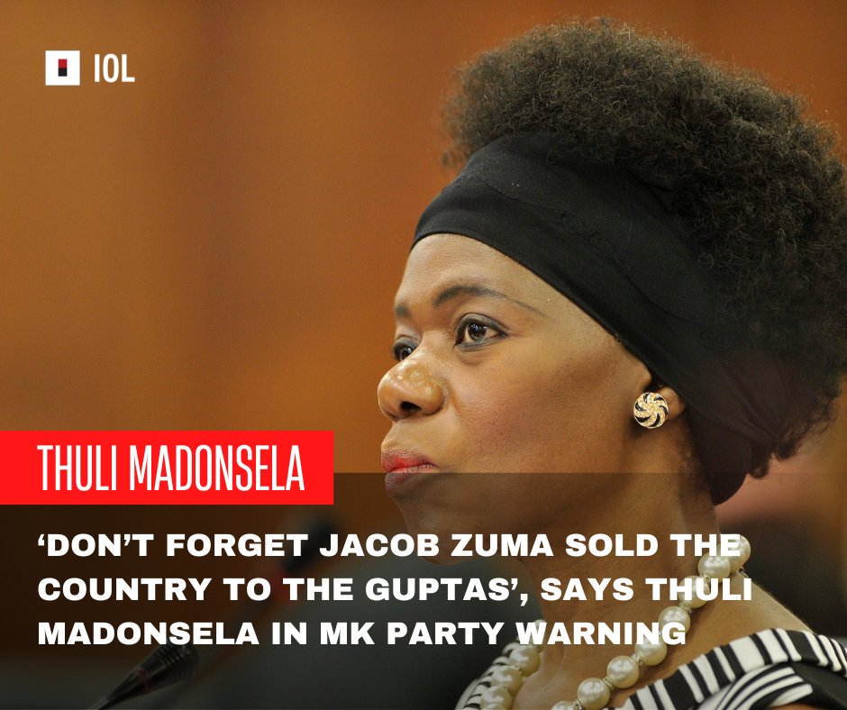 IOL's tweet image. Former public protector Thuli Madonsela has fired a salvo at former president Jacob Zuma, saying he used his time as president to enrich himself and that he sold the country to the Guptas.
#ThuliMadonsela #JacobZuma #Guptas #StateCapture #MKParty 
iol.co.za/news/politics/…