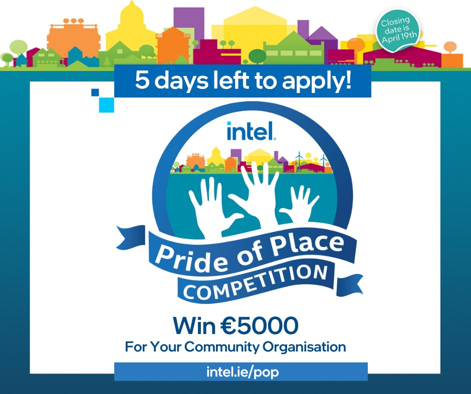 There are just 5 days left to enter our #PrideofPlace competition which awards grants to #community organisations in North Kildare. If you are a group based in Leixlip, Celbridge or Maynooth, why not submit your project idea by April 19th. Find out more: intel.ly/3FTToN9
