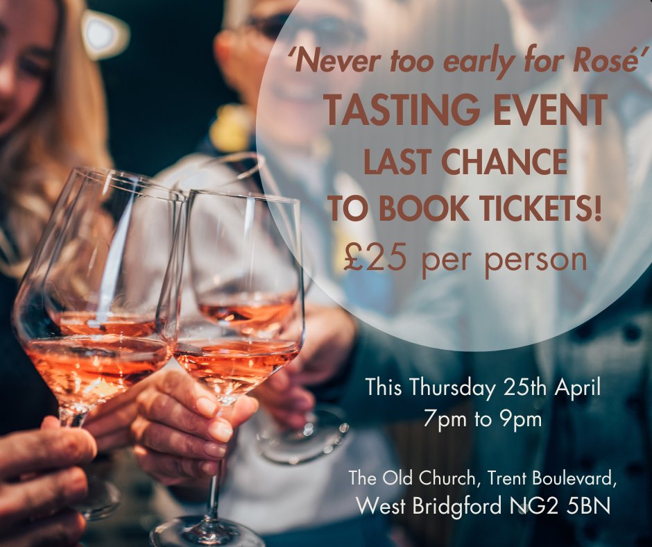 Weaverswines's tweet image. LAST CHANCE TO BOOK TICKETS! Our 'Never too early for Rosé' #WineTasting event is this Thursday, 25th April, 7-9pm at The Old Church, 105 Trent Boulevard, #Westbridgford, NG2 5BN.
Tickets £25pp bookable online at tinyurl.com/55kcebtx
Over 18s only. #ladybay #rosewines