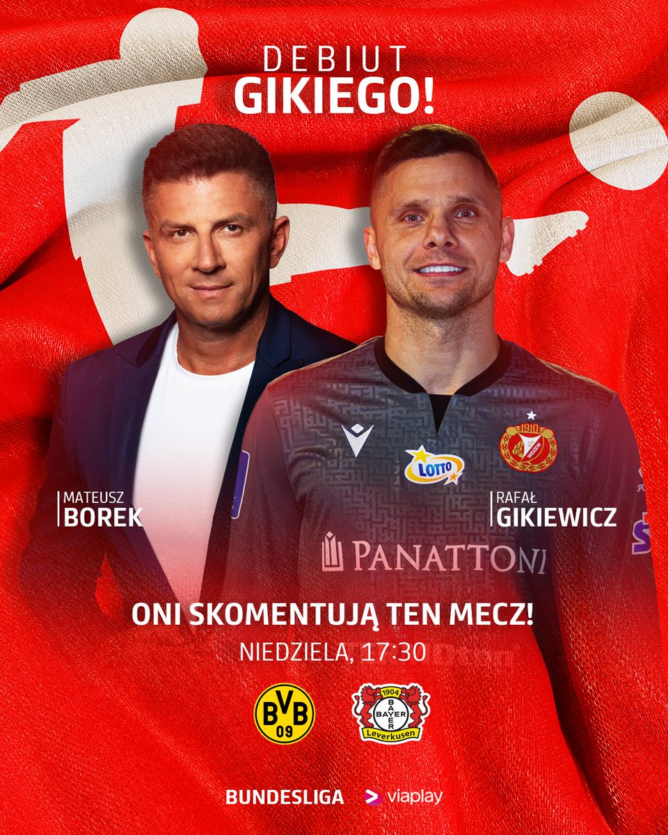 Giki przejmuje mikrofon ‼️ W niedzielę @BorekMati i @gikiewicz33 skomentują mecz BVB z nowym mistrzem Niemiec - Bayerem Leverkusen! 📺Mecz zobaczysz w Viaplay.pl