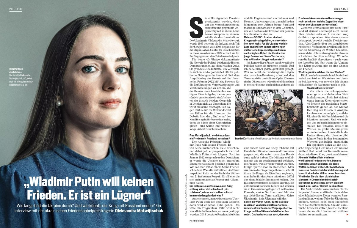 Wie lange hält die Ukraine durch? Wie könnte ein Frieden mit Russland aussehen? Mein Interview mit Friedensnobelpreisträgerin Oleksandra Matwijtschuk für <a href="/FOCUS_Magazin/">FOCUS</a> <a href="/avalaina/">Oleksandra Matviichuk</a> <a href="/ccl_ua/">Center for Civil Liberties</a>  go.readly.com/freedly/articl…