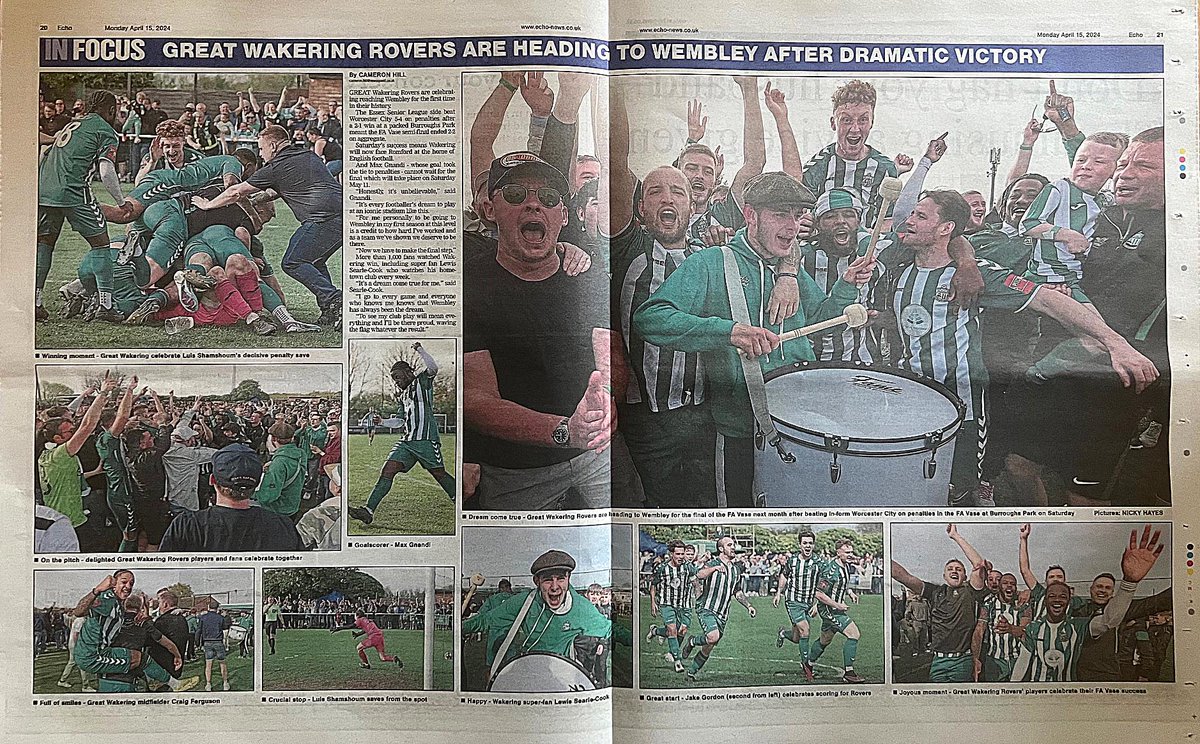 A fantastic centre page spread by @CJPhillips1982 @Essex_Echo on @GWRovers superb FA Vase victory over @WorcesterCityFc at the weekend. @marcusbowers89 and his team have put the village of Great Wakering on the map football wise @EssexSenior #LovePhotography.