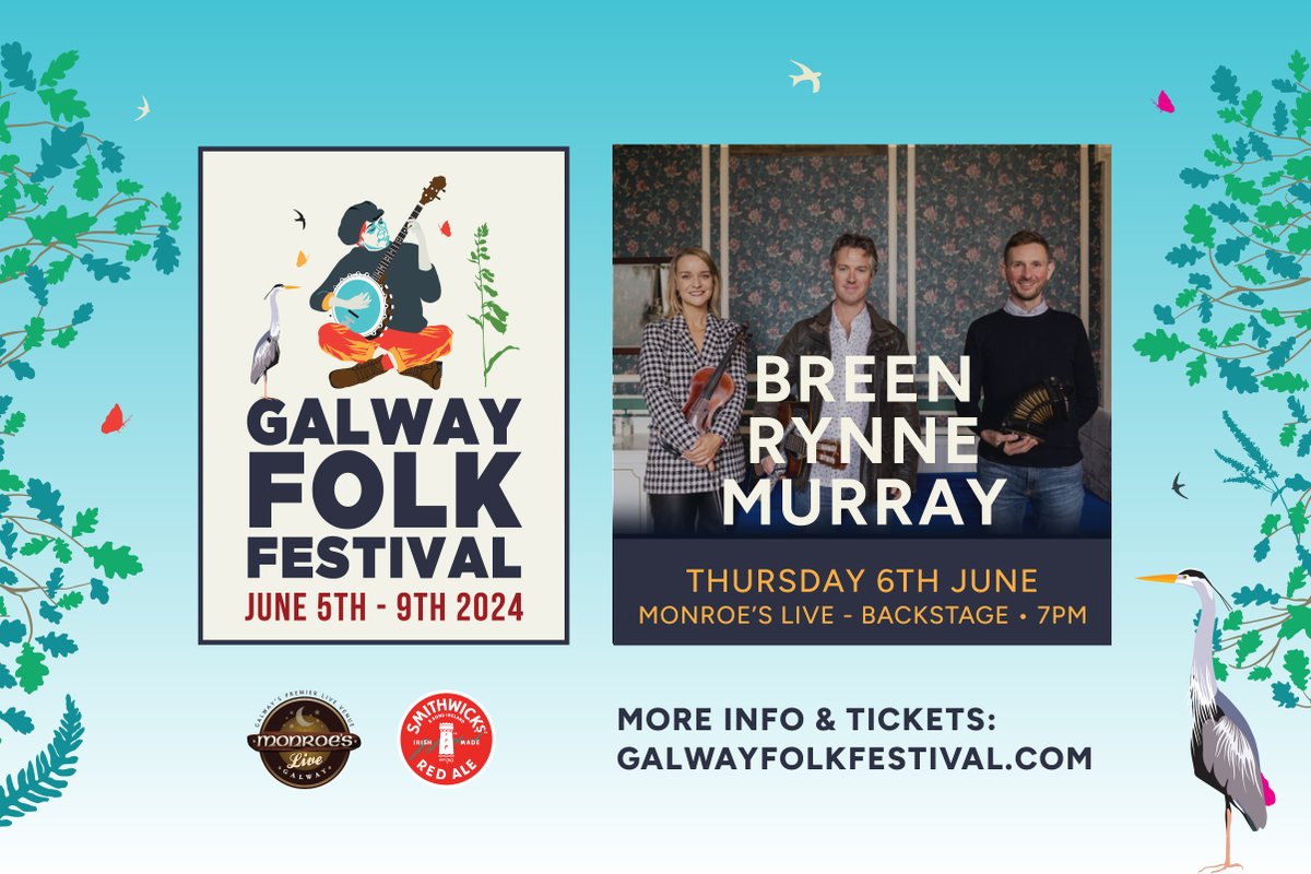 Trad supergroup Breen Rynne Murray come to @MonroesLive on Thurs 6 June for what is going to be a really special show ✨ Tickets are moving fast, so get on it before they're all gone! 🗓️ Thur 6 June 🎟️ 👉 bit.ly/49tmKiB 🚪 7pm #GFF24 #GalwayFolkFestival24