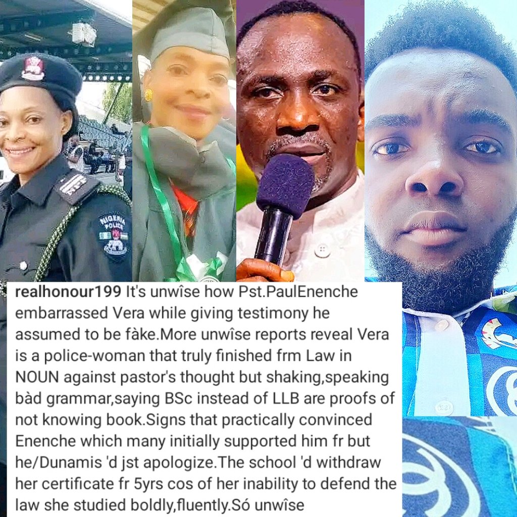 My thoughts on Pst.Paul Enenche and Vera saga. Enenche should apologize & the school (NOUN) should withdraw her certificate for 5yrs cos of her inability to defend the law she studied. That's a slap to the school's face. So unwîsé, more unwîse & academically most unwîse