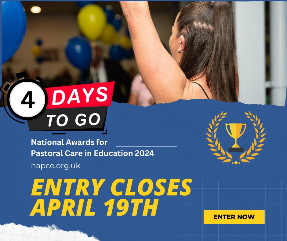 Just 4️⃣ days left to enter! Reward people working in #pastoralcare who deserve amazing recognition 🏆 National Awards for Pastoral Care in Education 2024 Info & enter here: napceawards.wufoo.com/forms/napce-aw… #NAPCE #NAPCE 24 #Awards #PastoralCare #Education #Schools