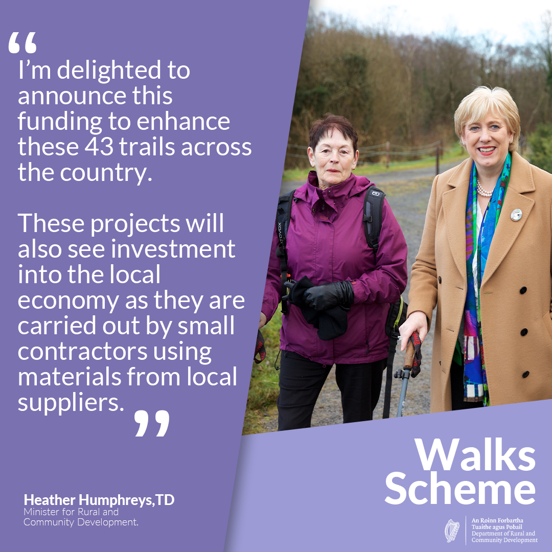 Minister @HHumphreysFG announces funding to upgrade 43 walking and hiking trails across rural Ireland. Find out more > loom.ly/P4i7lWA @theILDN @LocalGovIre @Failte_Ireland @DeptCulturelRL @sportireland