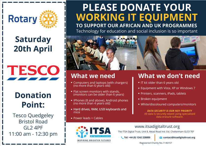 ItsaDigital's tweet photo. ** Save the Date ** Saturday 20th April
Please donate your working computers, laptops, monitors and accessories - collection point is Tesco Quedgeley,
GL2 4PF - All data will be securely wiped. https://t.co/bVSFUYnkuJ