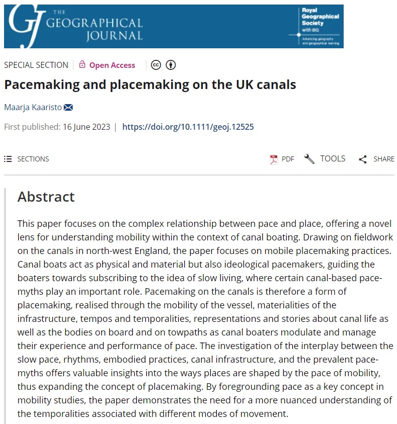 6/ Next is ‘Pacemaking and placemaking on the UK canals’ by @MaarjaKaaristo: This paper explores the relationship between pace and place in the context of canal boating, providing a novel lens for understanding mobility. doi.org/10.1111/geoj.1…