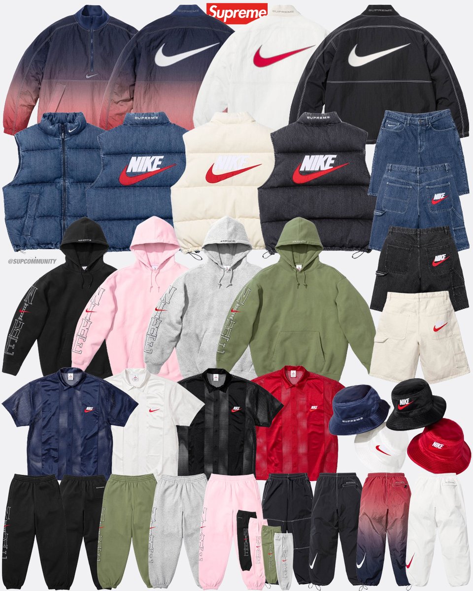 Supreme Nike releasing this Thursday. What is your favorite item? The collection includes a Ripstop Pullover, Down Vest, Mesh S/S Shirt, Hooded sweatshirt, Track pants, Joggers, Shorts, and Bucket Hat.

Week 10 releasing on Thursday April 18th in US, EU and UK. And Saturday April…