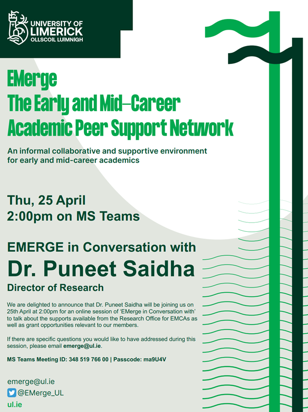 @EMerge_UL is delighted to announce that Dr. Puneet Saidha will join an online session of ‘EMerge in Conversation with’ to talk about supports available from the Research Office for EMCAs, and grant opportunities relevant to our members. 👉 ul.ie/ehs/events/eme… #StayCurious