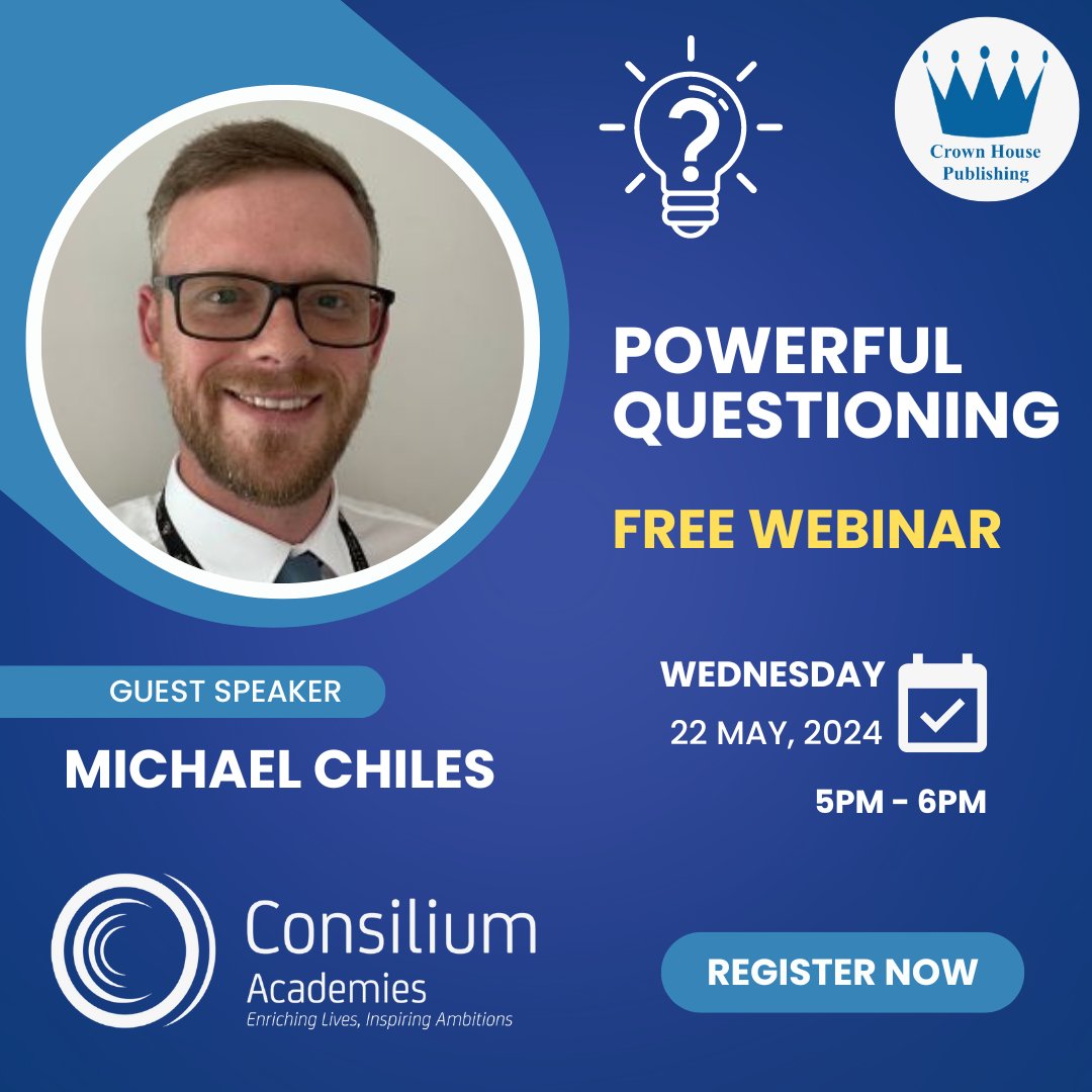 CrownHousePub's tweet photo. Sign up for a FREE @consiliumat webinar with @m_chiles on the art of powerful #questioning β Find out more and register here π https://t.co/YMs6nCpkji
π 22nd May
β° 5-6PM
Discover more on this topic in Michael's book, #PowerfulQuestioning π https://t.co/NFFoMKhaRo https://t.co/ymulkIoPXl