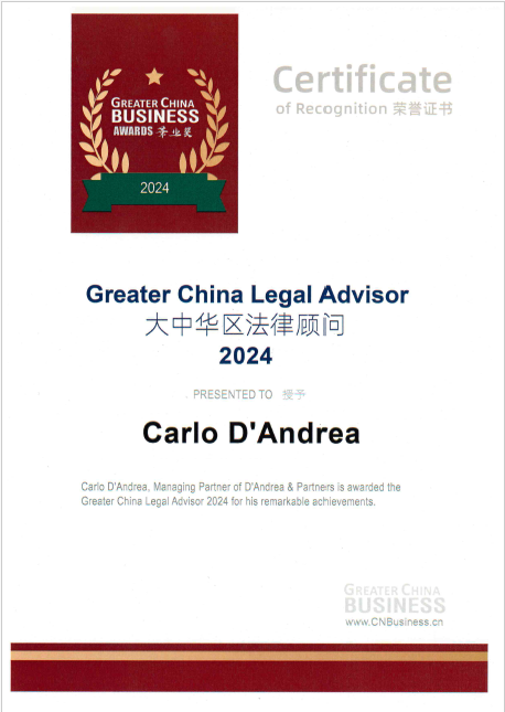 @DAndreaCarloD  founding partner of D'Andrea & Partners, won the 'Greater China Legal Advisor Award' from Greater China Business. Congratulations!
#dandreapartners #awards