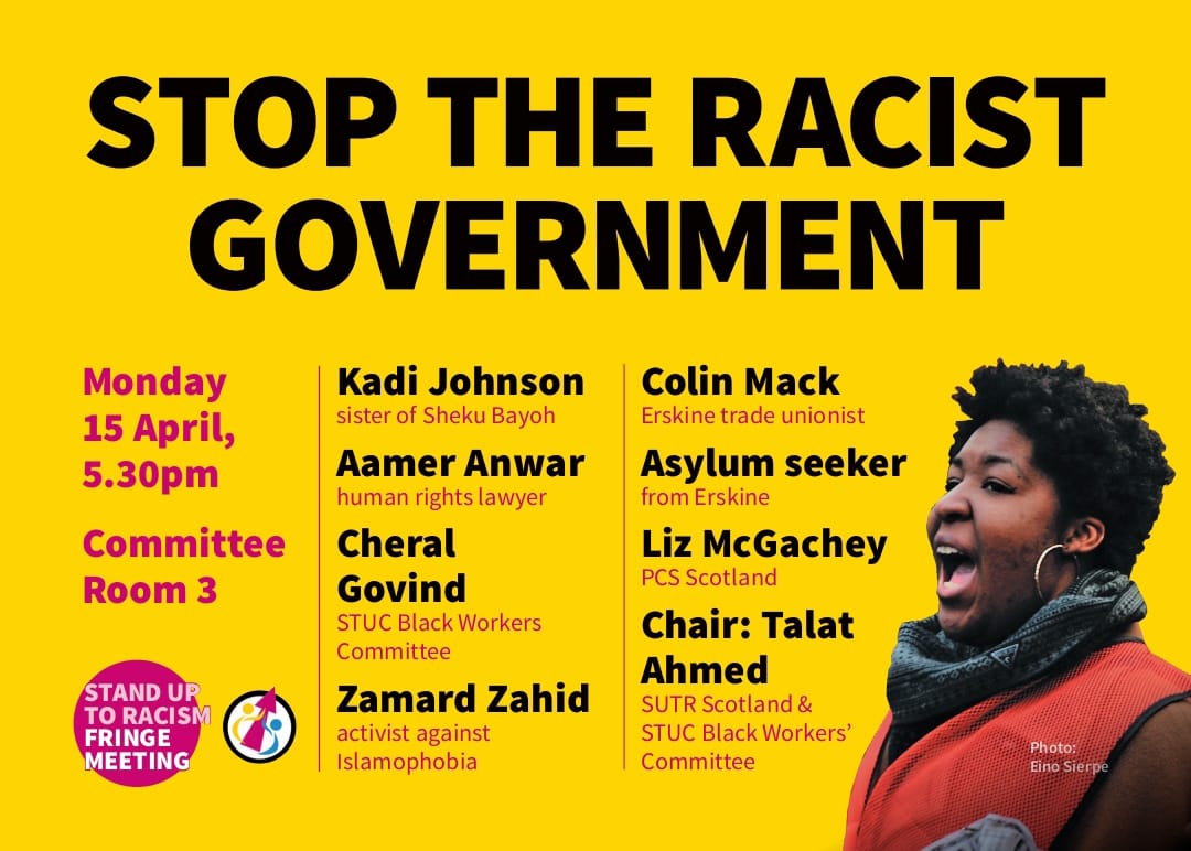 We are at @ScottishTUC Congress, come by our stall to say hi and get antiracist materials for your workplace! 

We encourage delegates to attend our fringe meeting today with @AamerAnwar @BayohJustice @zamardzahid @PCS_Scotland @STUC_BWC

#StopRwanda #Justice4ShekuBayoh

#STUC24