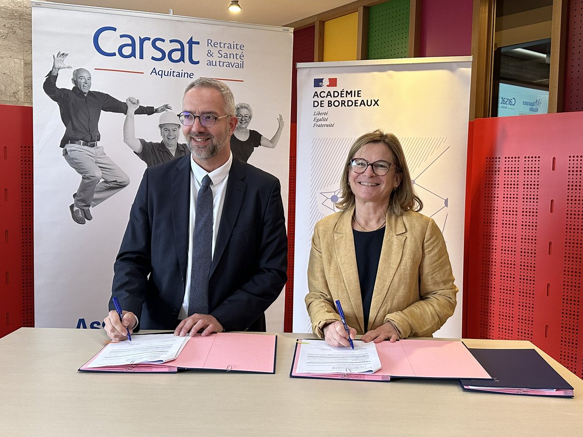 AcBordeaux's tweet photo. La rectrice @ABisagni & #CARSAT Aquitaine signent #convention de coopération pour l'enseignement #santé #sécurité au travail
✔️Formation des enseignants compétences #ESTT
✔️Déploiement de projets #pédagogie active,TutoPrév
✔️Qualité de vie au travail, #santé, prévention #risques https://t.co/3NCf5BcL4Q